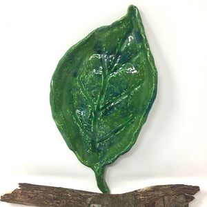 Handmade Earthenware Ceramic Green Leaf Folk Art Tray Dish Wall Hanging